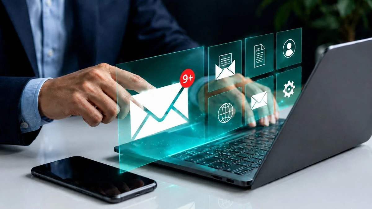 Email and helpdesk tools on a laptop
