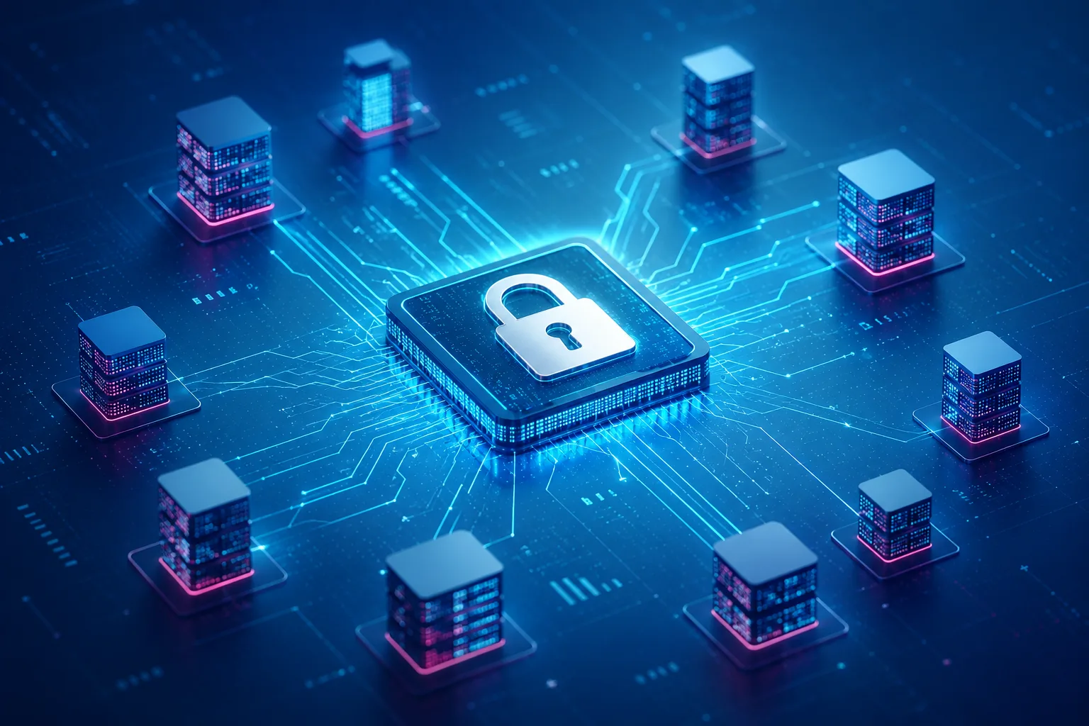 A padlock at the centre of a network of isolated instances, each on its own encrypted connection