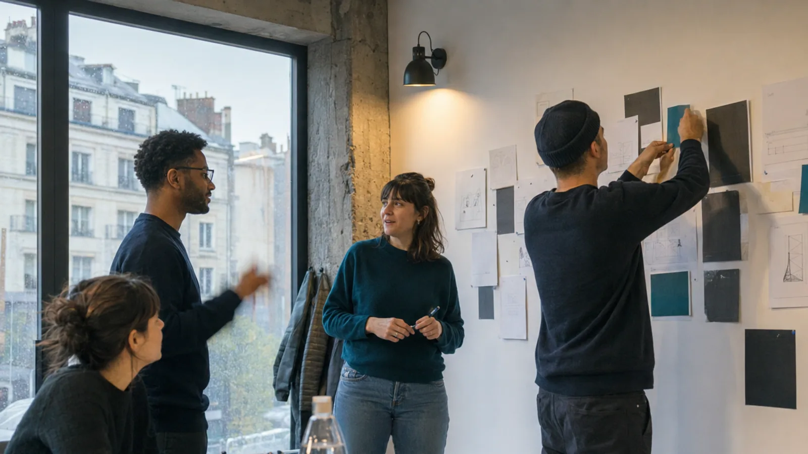 A support team working through plans pinned to a studio wall